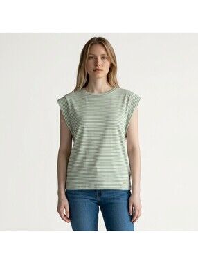 Jones New York Blouse Women L Large Green Striped Sleeveless Wide Strap Casual